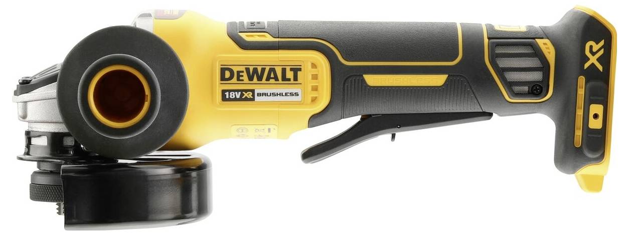 Žlutá a černá úhlová bruska DeWalt 18V. Napájená akumulátorem a vhodná pro brousicí práce.