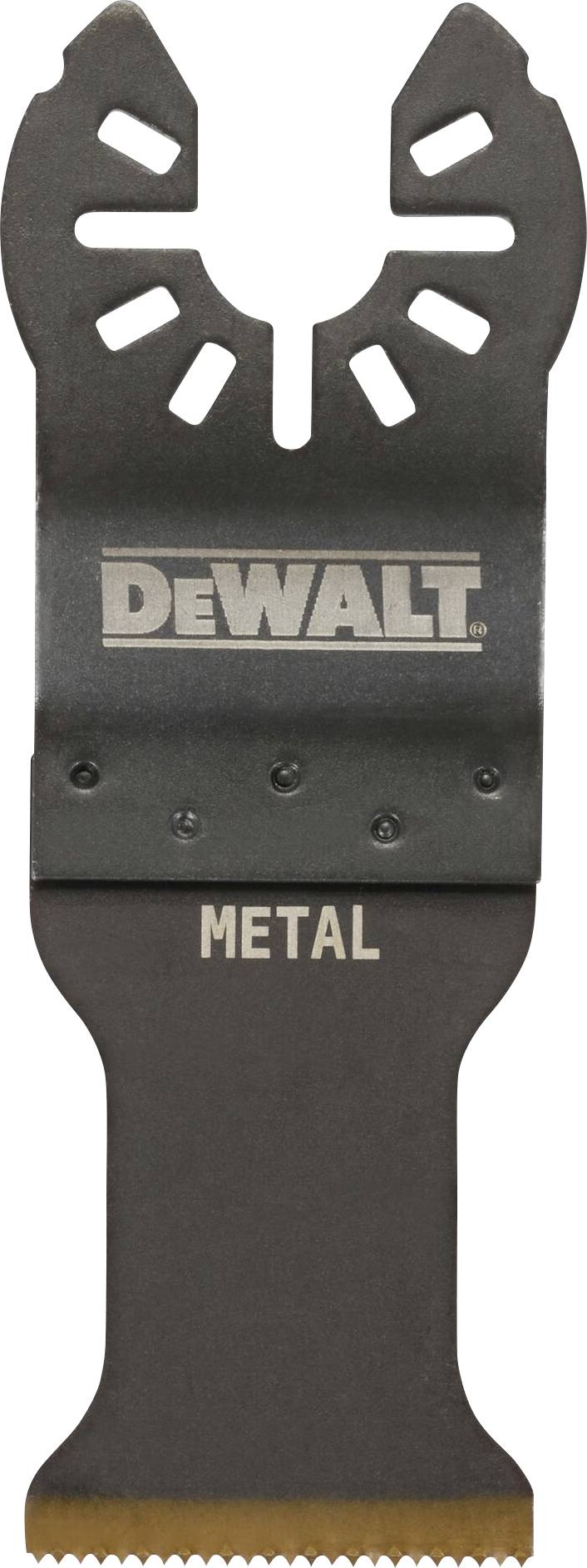 Černý kovový pilový list s logem značky 'DEWALT' a nápisem 'METAL', vhodný pro řezání kovových materiálů.
