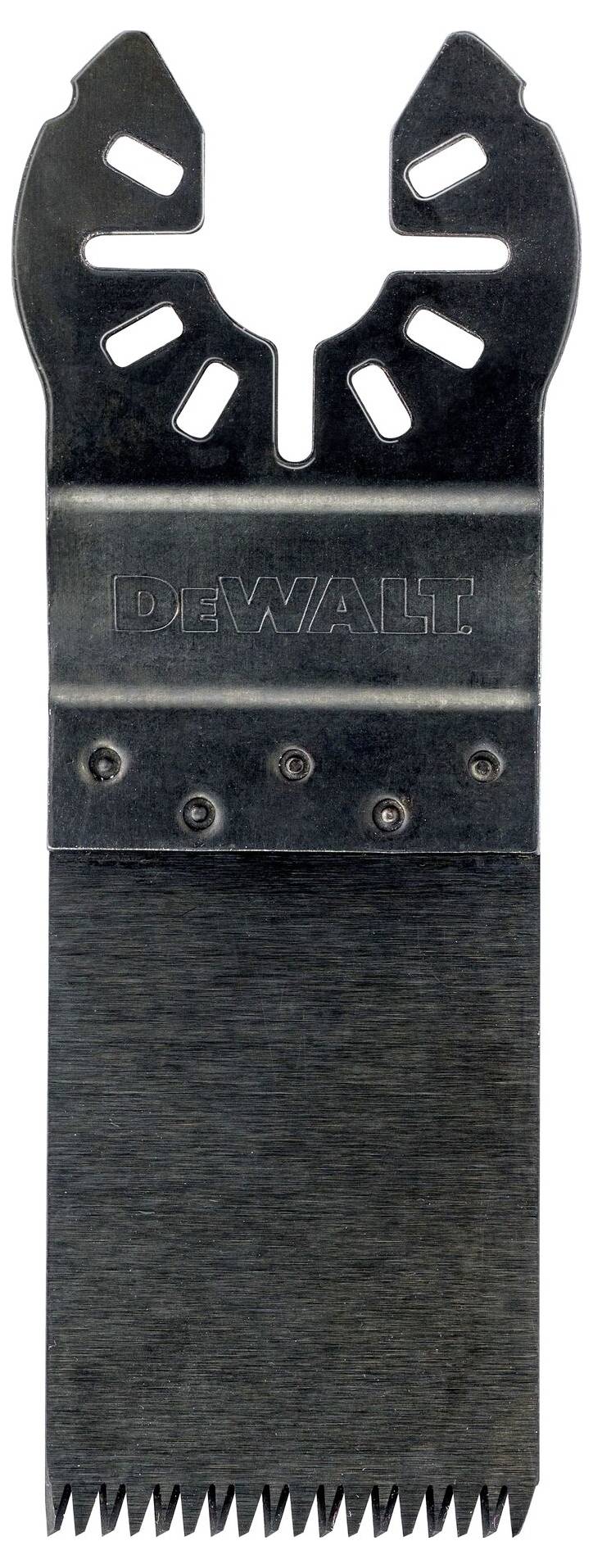 Kovový pilový list s nápisem 'DEWALT', obdélníkového tvaru se zubatým spodním okrajem a zaoblenými výřezy nahoře, vhodný pro pily.