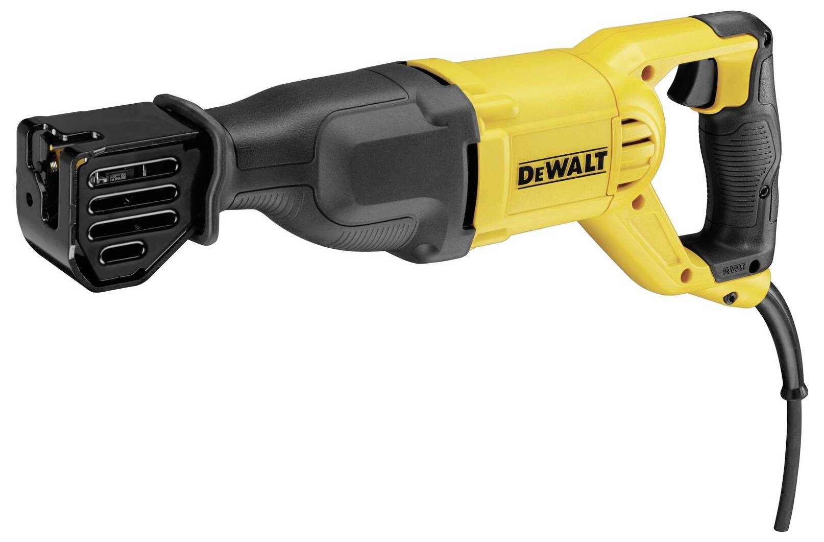 Elektrická mečová pila v žluté a černé barvě, značky DeWalt. Zařízení je vybaveno kabelem a je určeno pro náročné řezací práce.