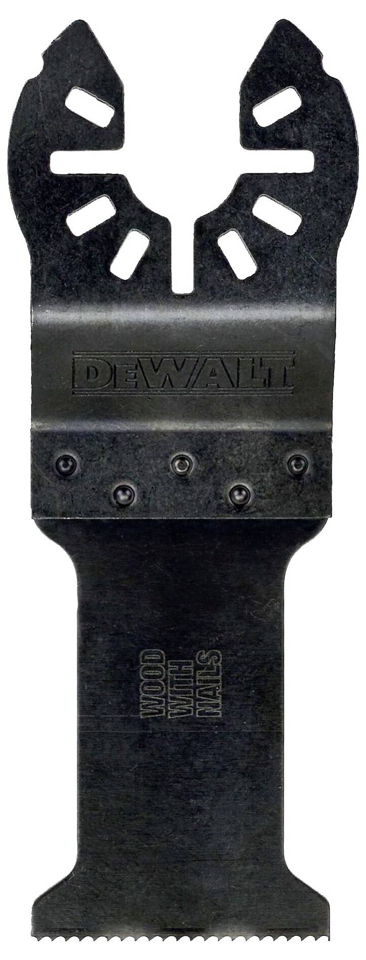 Černý pilový list od DeWaltu, vhodný pro dřevo, kovy a hřebíky, s vlnitými zuby, které zajišťují přesné řezy.