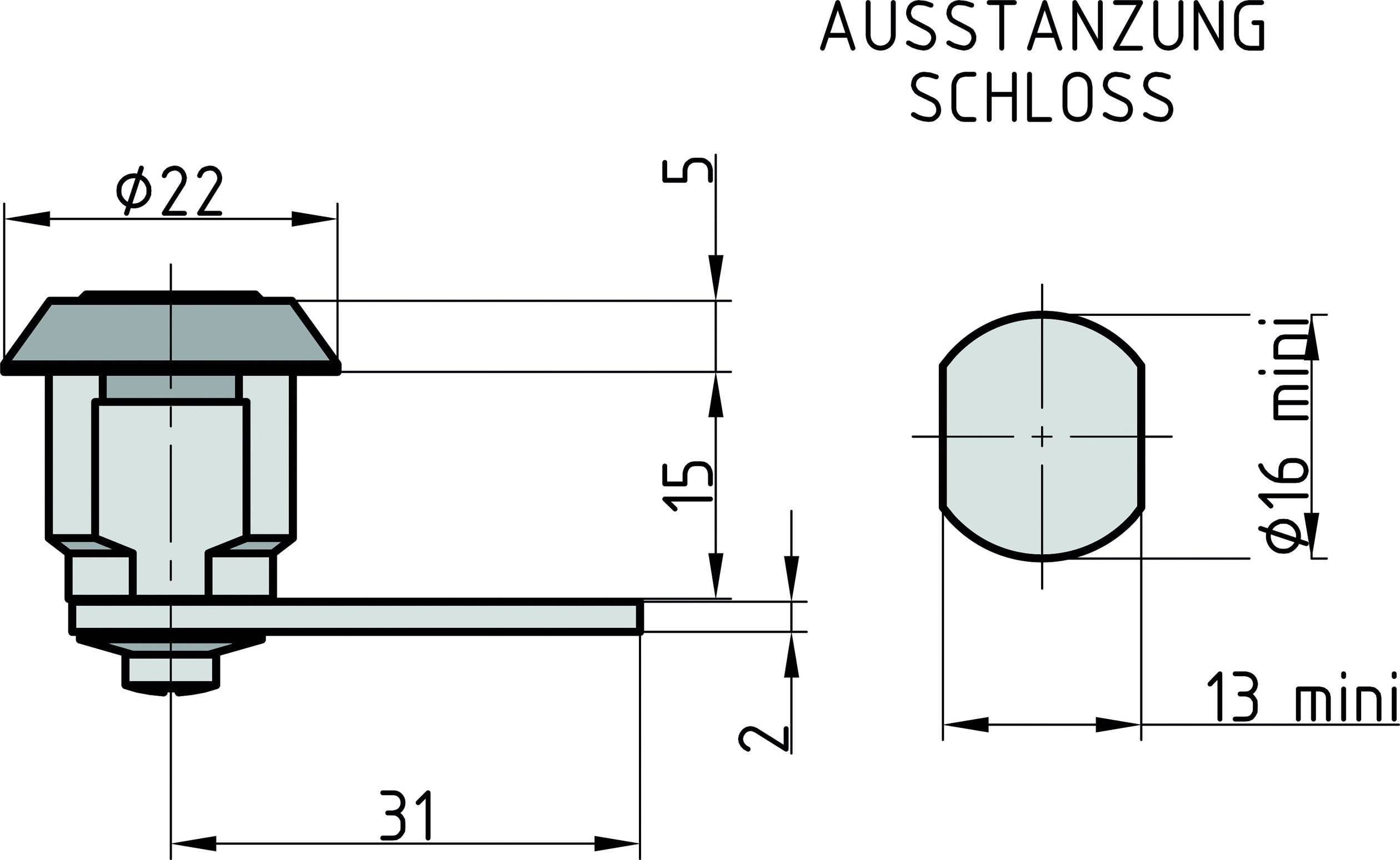 Technický výkres zámku s kótami: průměr 22 mm, výška 15 mm, průměr otvoru 16 mm, délka 31 mm.