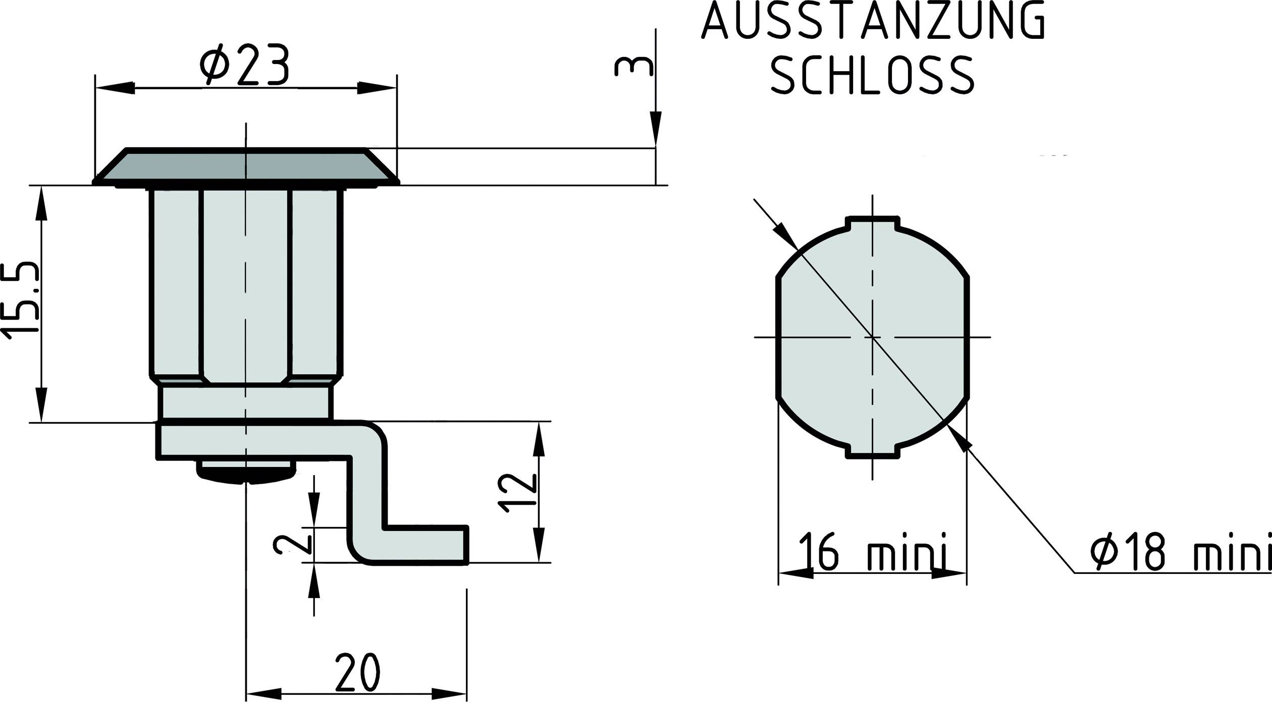 Technický výkres zámku s rozměry: průměr 23 mm, výška 28 mm, výstřižek 20 mm délky, otvor Ø18 mm.
