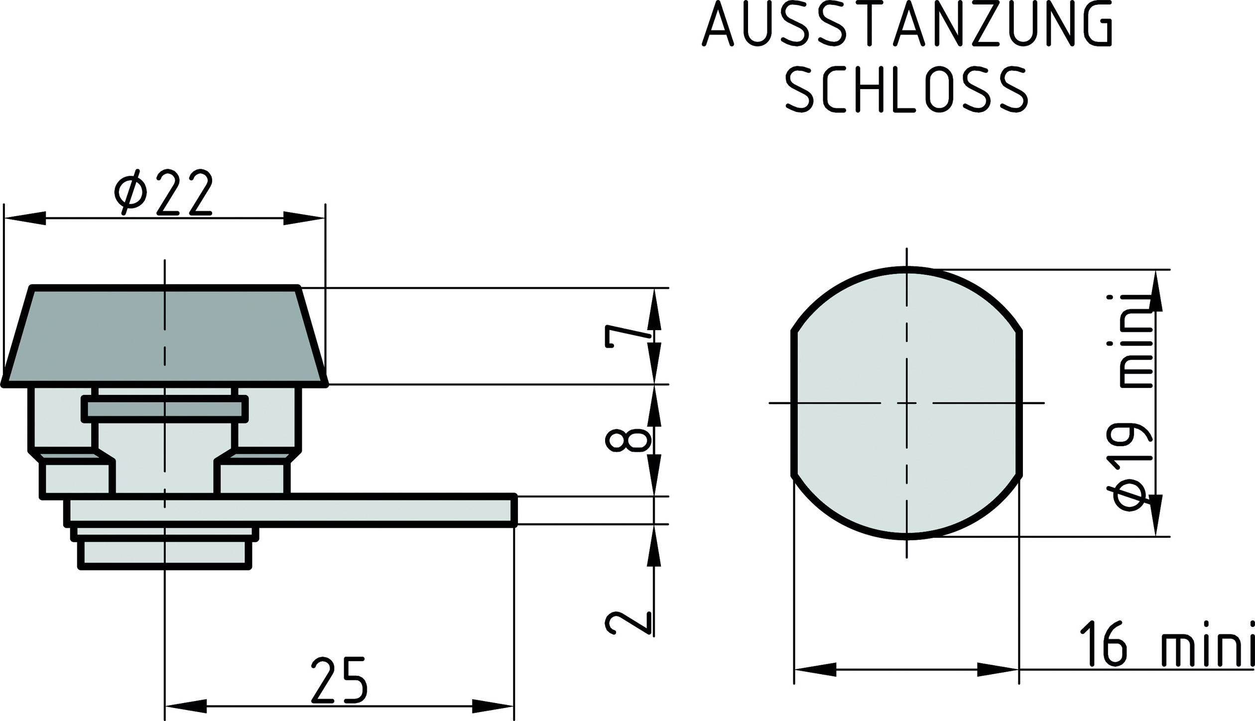 Výkres zámku s rozměry. Vlevo boční pohled o šířce 25 mm, vpravo pohled shora s otvorem o průměru 16 mm.