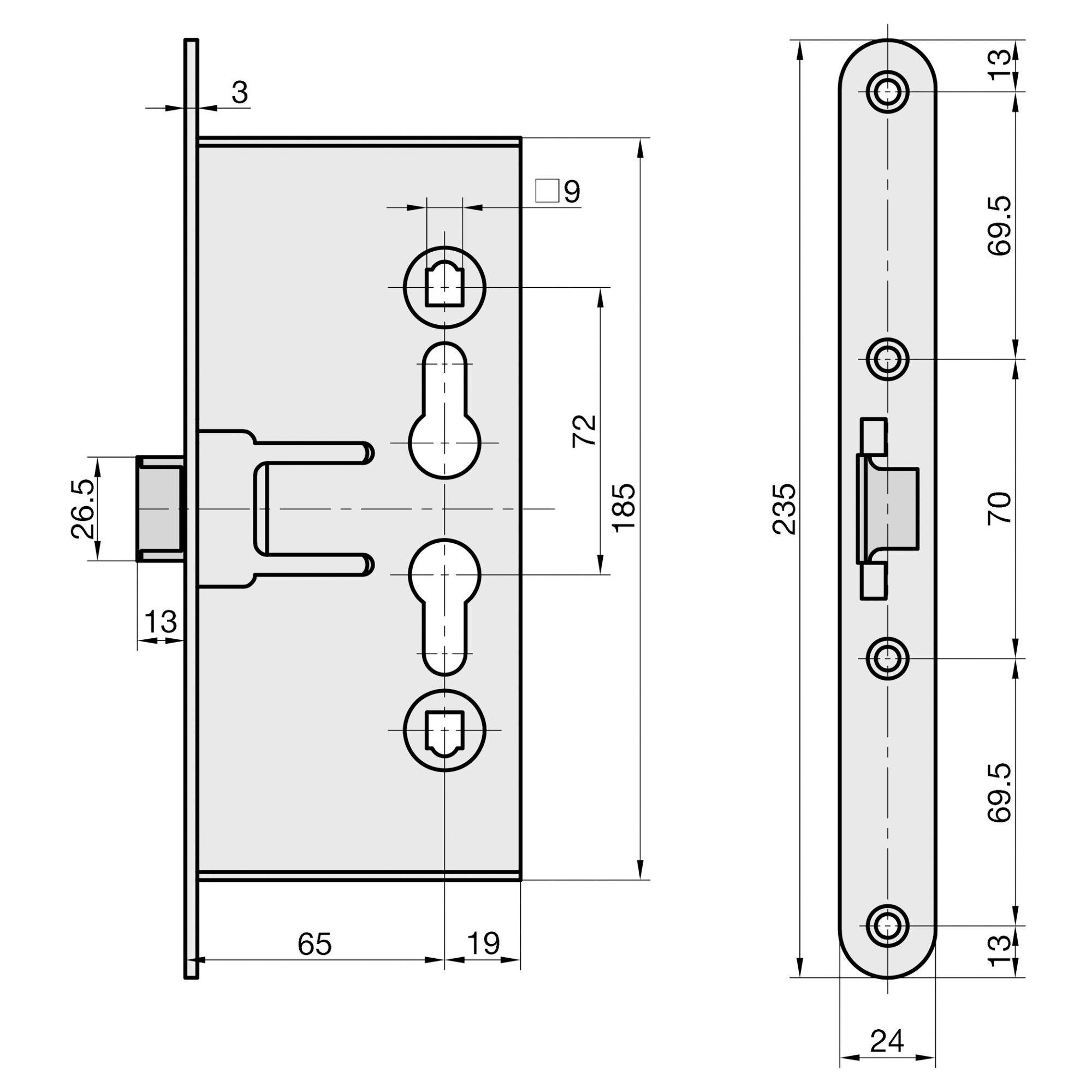 Technický výkres zámku do tenkostěnné zárubně s rozměry: šířka 26,5–70 mm, výška 185–235 mm, hloubka 19–65 mm. Zobrazena pozice otvorů pro klíč a poloha zámykače.
