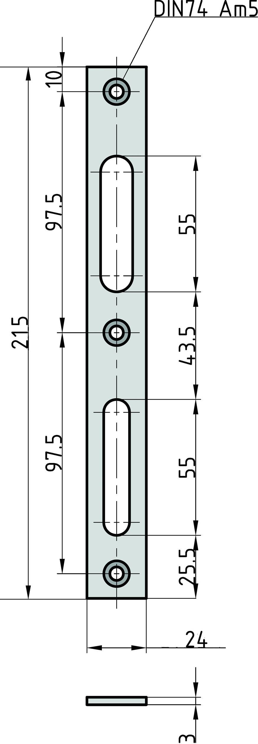 Technický výkres kovové desky s několika otvory, celková délka 215 mm, šířka 24 mm, rozměry v milimetrech.