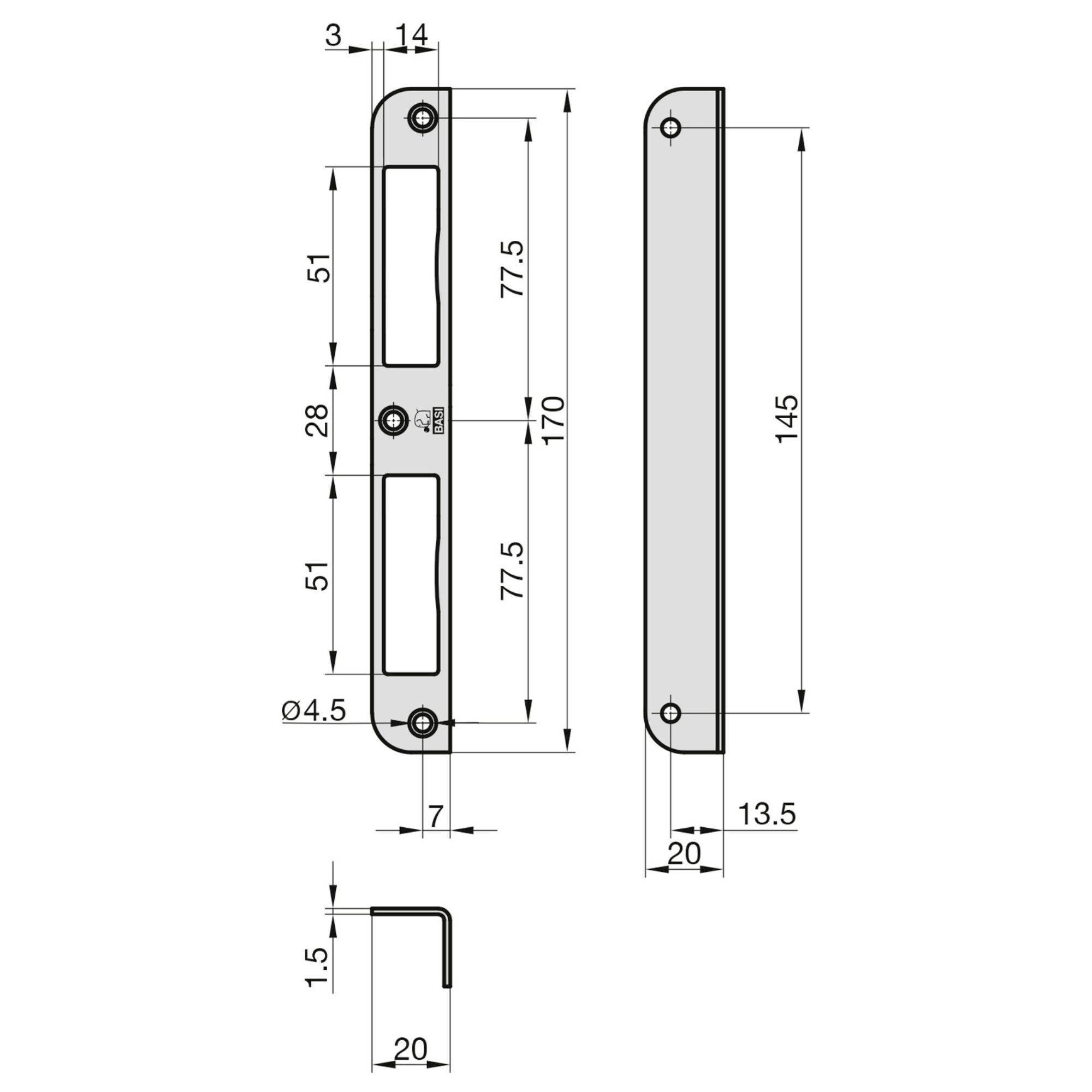 Technický výkres kovového úhelníku s kótami: délka 170 mm, šířka 20 mm, tloušťka 4,5 mm. Obsahuje detaily k rozmístění otvorů a kótovacím čárám.