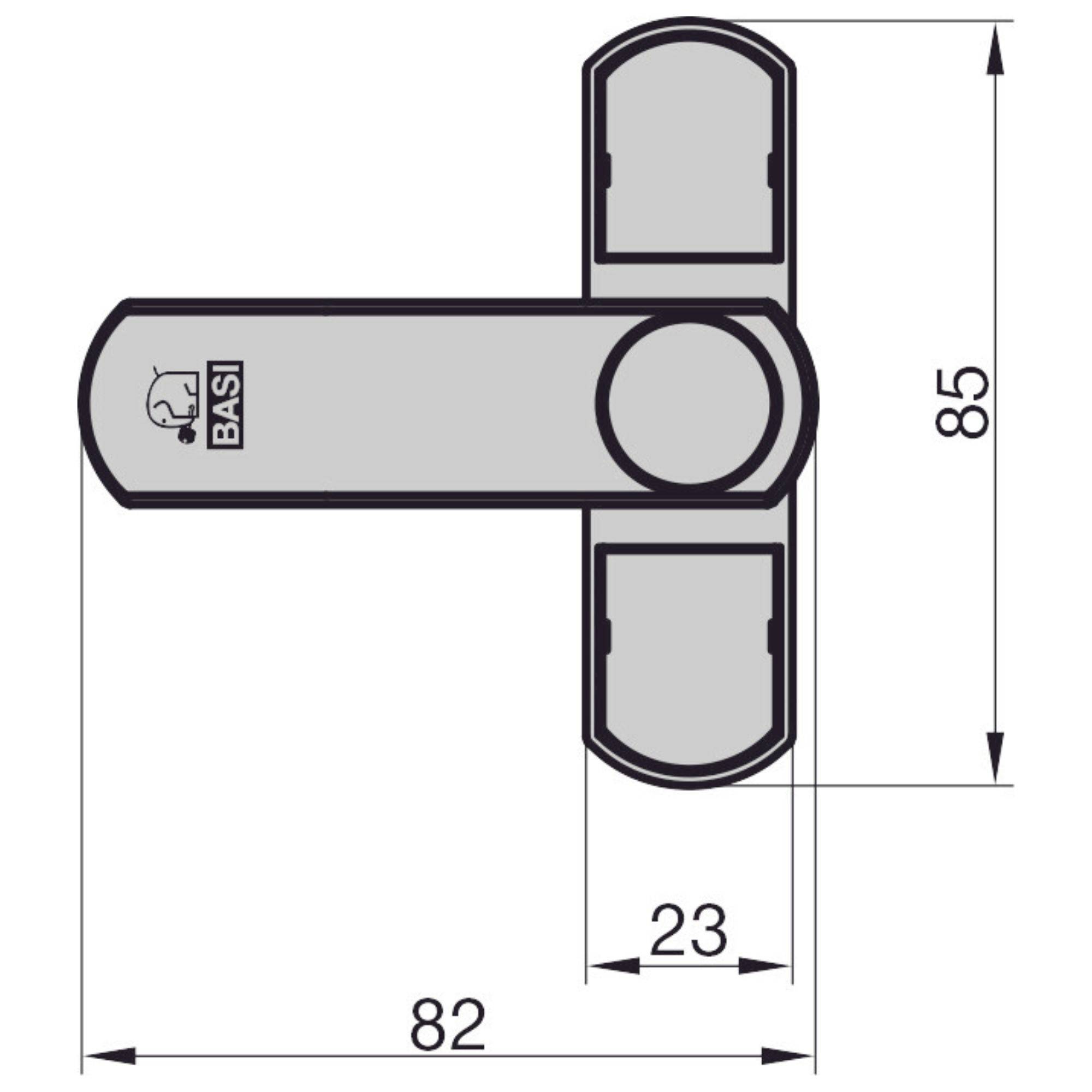 Výkres kování dveří pohledem shora, zobrazující rozměry: šířka 82 mm, výška 85 mm, hloubka 23 mm, s logem BASI.