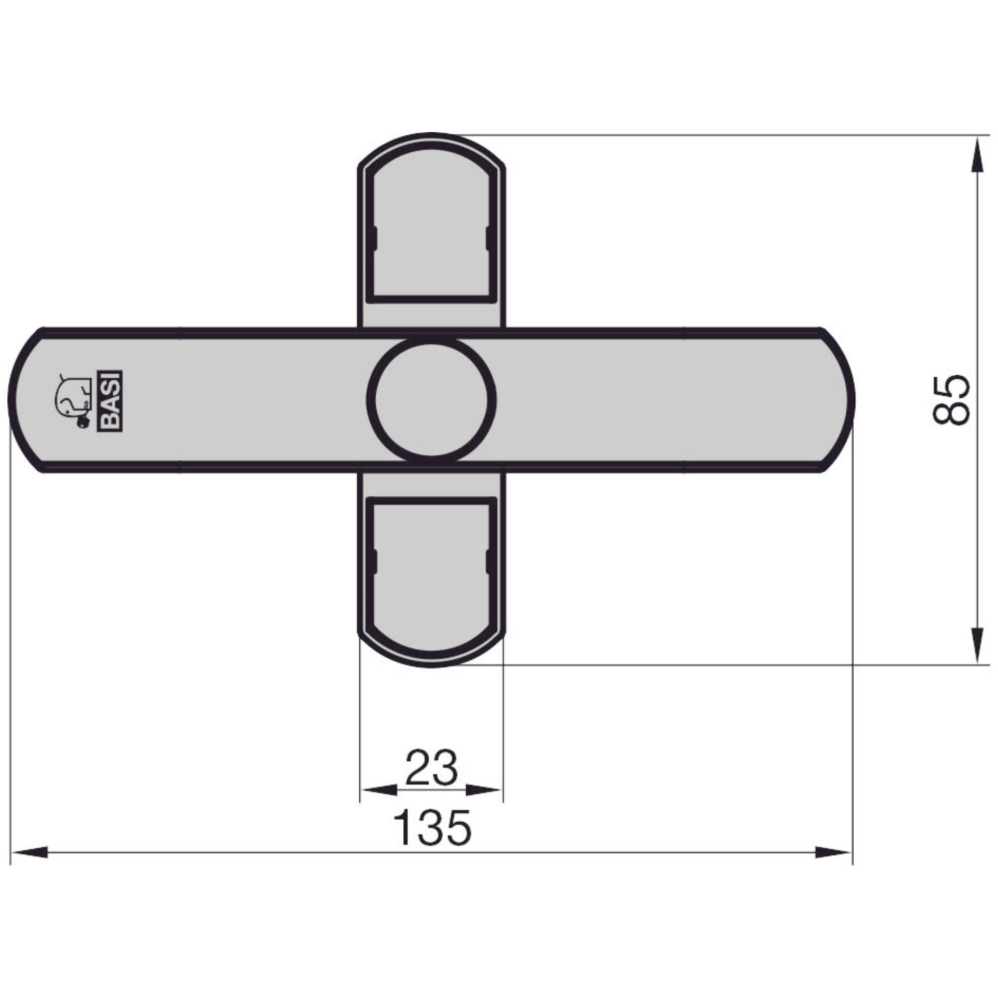 Technický výkres zámku dveří s rozměry: šířka 135 mm, výška 85 mm. Dva symetrické čepy a centrální uzamykací mechanismus.