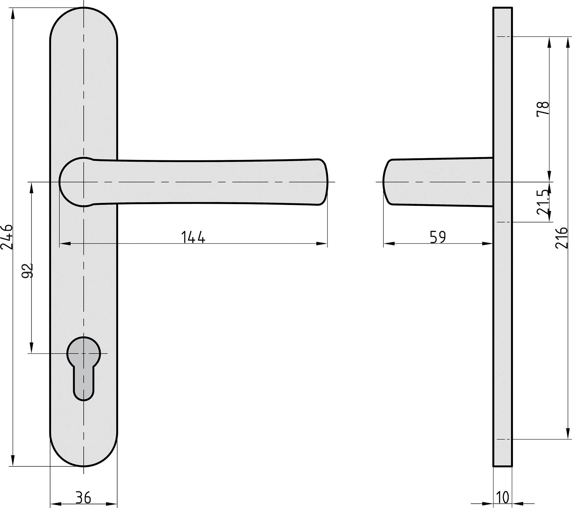 Schéma kliky dveří s rozměry: 216 mm výška, 144 mm šířka kliky, 59 mm výška kliky, střed otvoru ve výšce 92 mm.