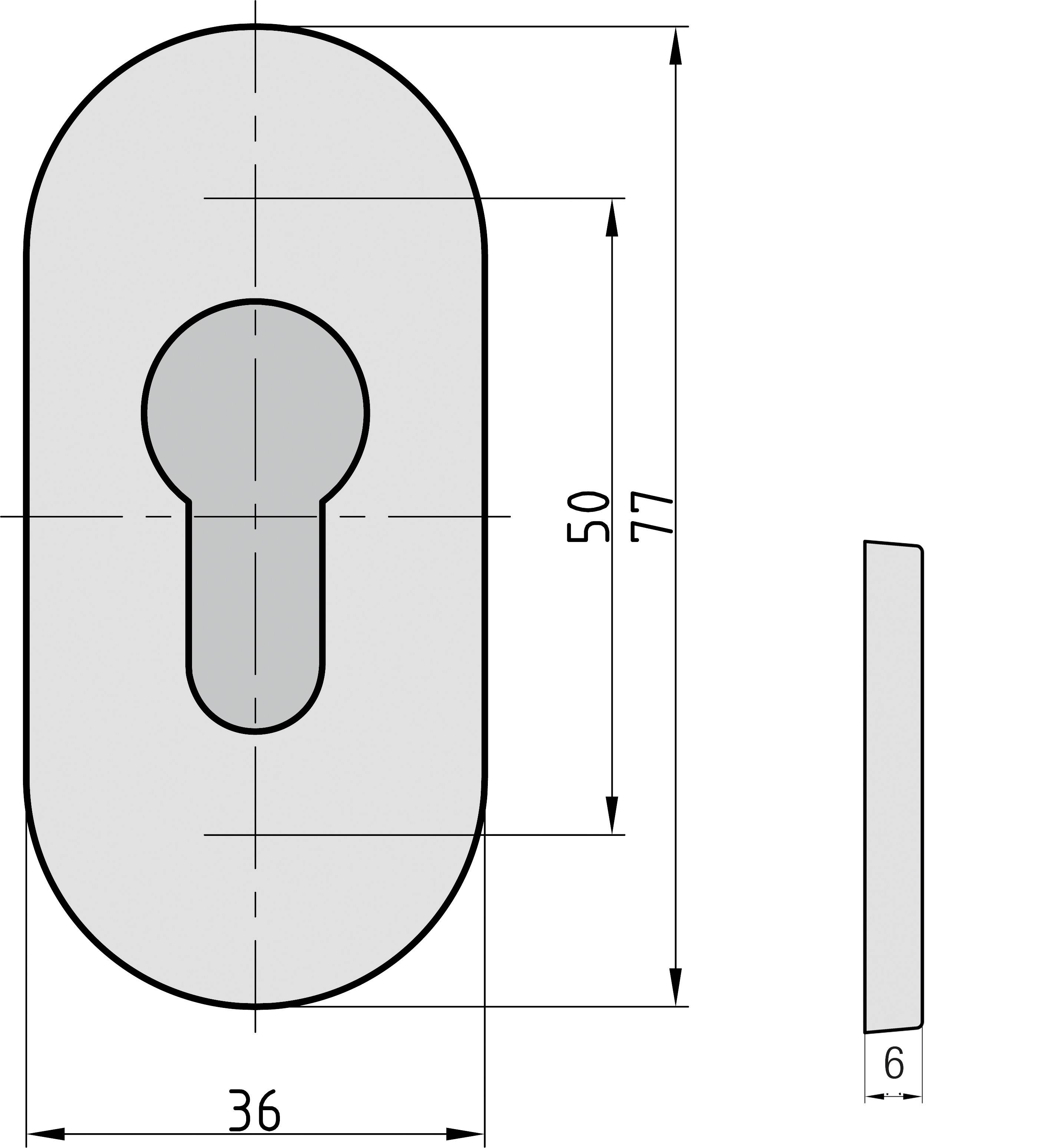 Obrázek oválného štítku klíčové dírky s rozměry: 50x77 mm, otvor 36 mm, tloušťka 6 mm. Pohled shora a z boku.