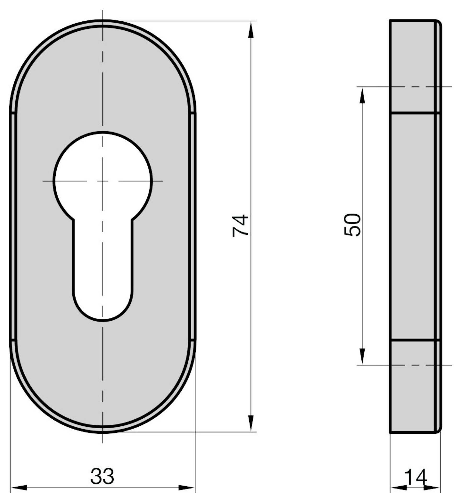 'Eliptický otvor pro klíč' přední a boční pohled s rozměry: výška 74mm, šířka 33mm, délka 50mm, tloušťka 14mm.