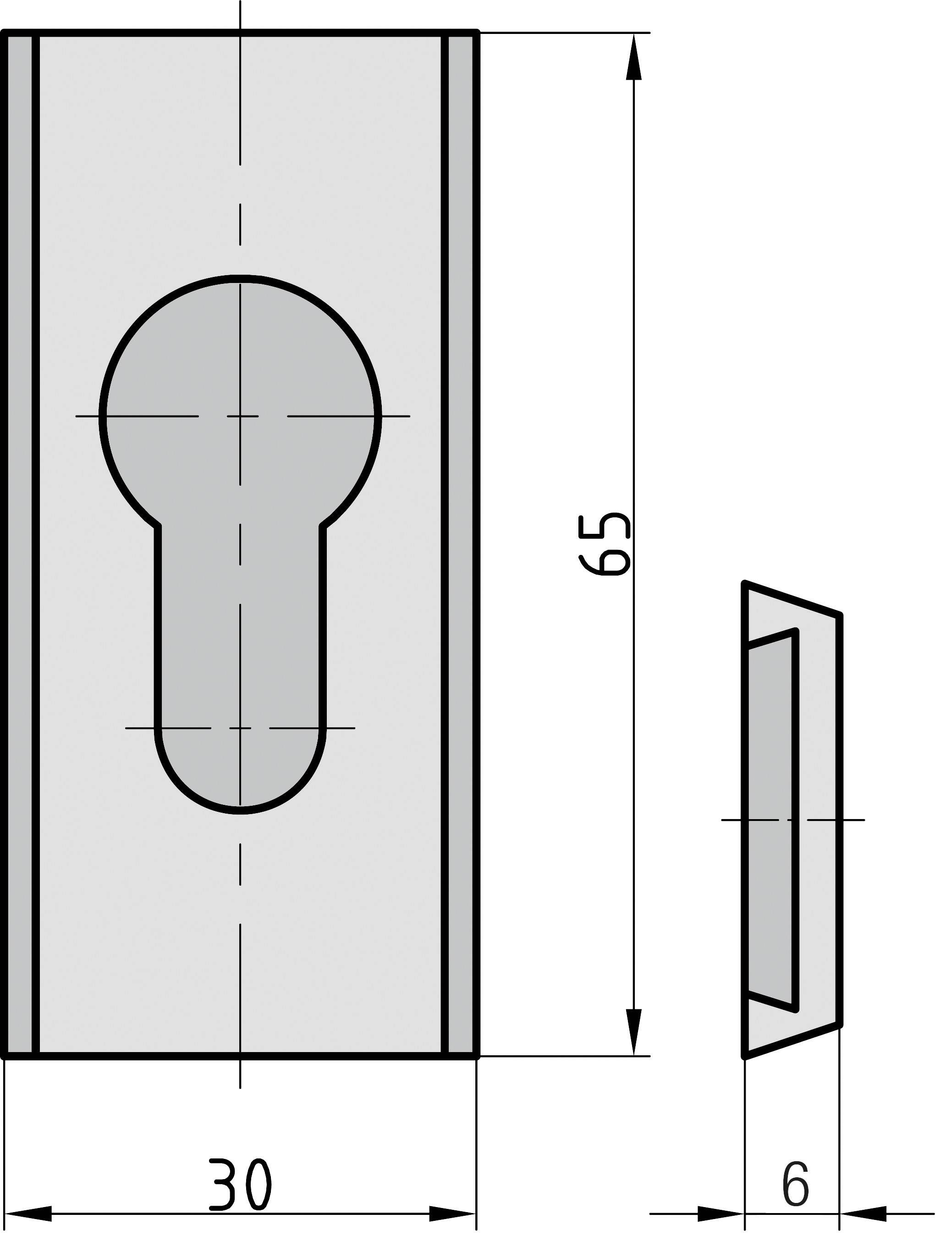 Krytka zámku o rozměrech 65x30 mm. Profil vykazuje oválný výřez pro umístění klíčové dírky. Boční pohled s hloubkou 6 mm.