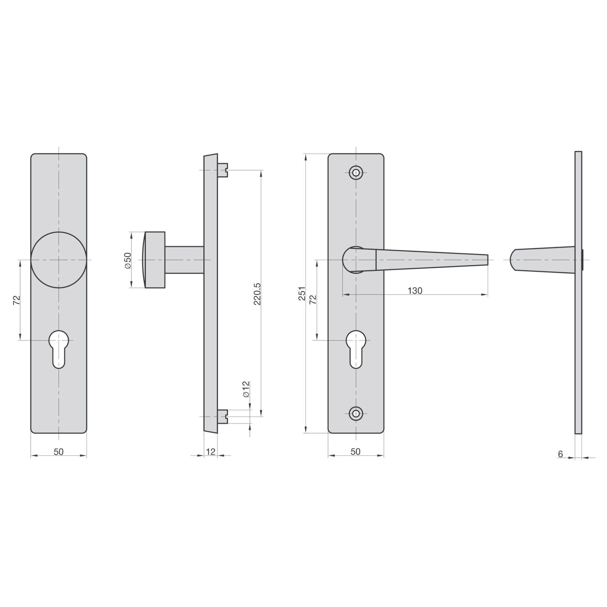 Náčrt kliky dveří s rozměry: Celková výška 251 mm, šířka 50 mm, hloubka 72 mm, rozteč otvorů 130 mm. Pohled shora, boční pohled.