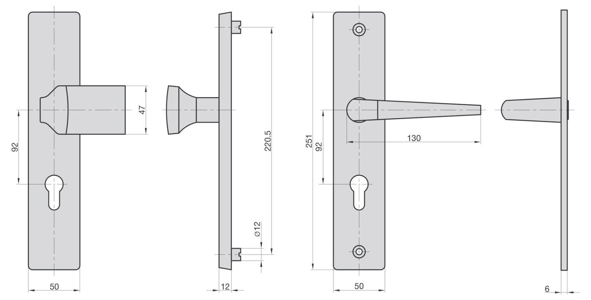 Technický výkres kliky na dveře a rozetky na klíčovou dírku, s vyznačenými rozměry: 92x50mm pro základní desku, 47mm délka kliky.