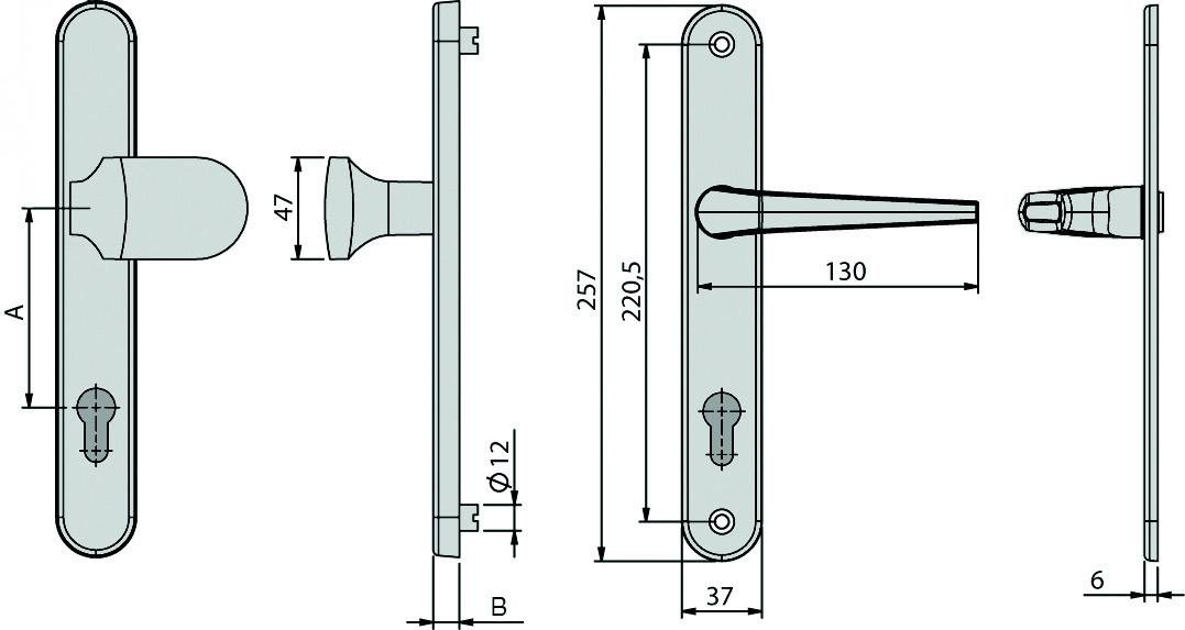 Klika dveří s krytem zámku. Rozměry: celková výška 257 mm, délka kliky 130 mm, průměr otvoru 12 mm, šířka 37 mm.