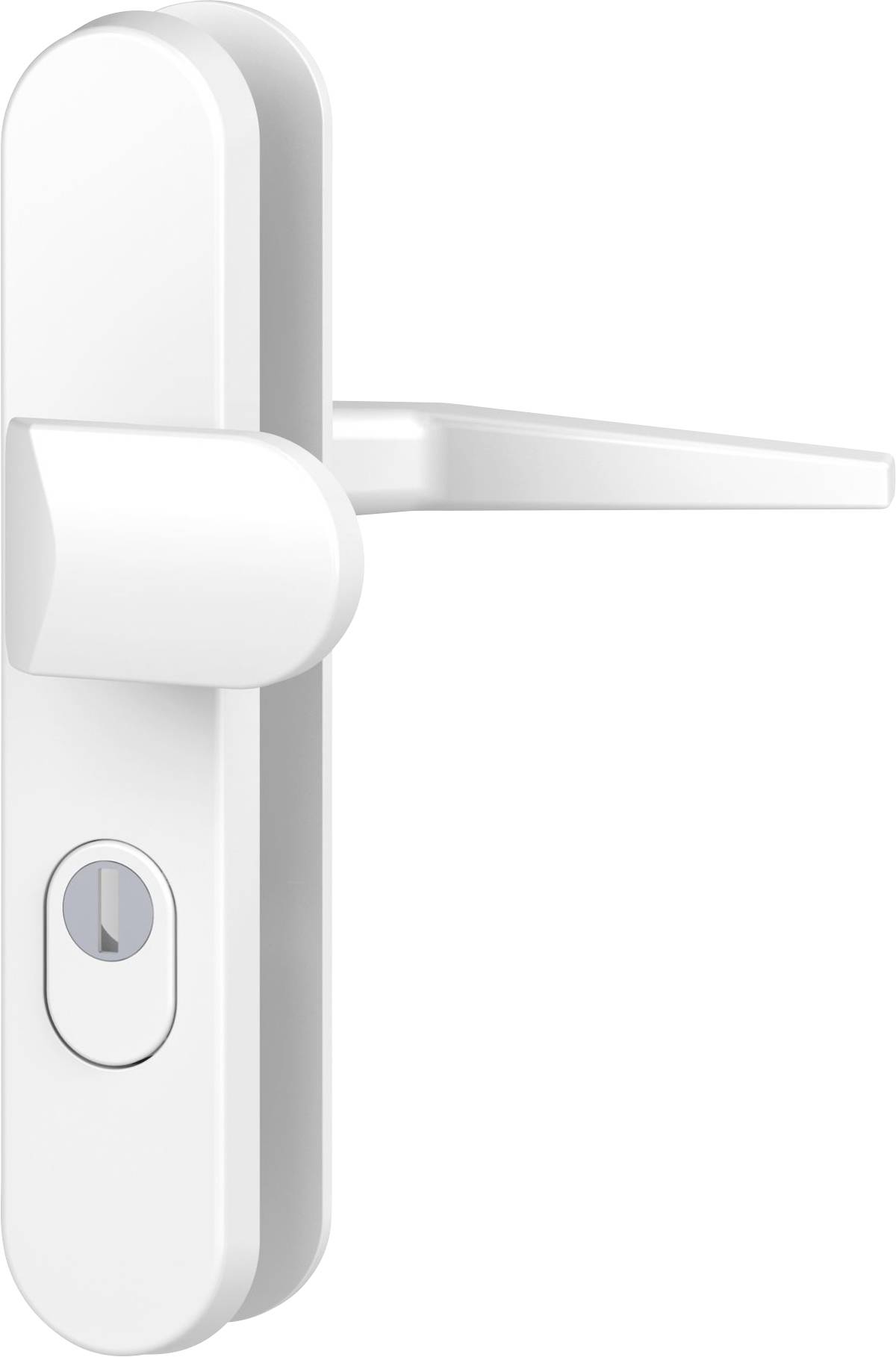 Bílá klika se štítkem a cylindrickou vložkou, moderní design, vhodná pro vnitřní dveře.