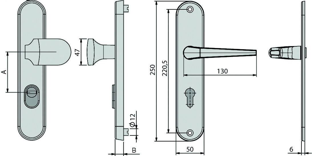 Technický výkres kování dveří s klikou. Rozměry: celková délka 250 mm, klika 130 mm, výška štítku 220,5 mm, šířka 50 mm.