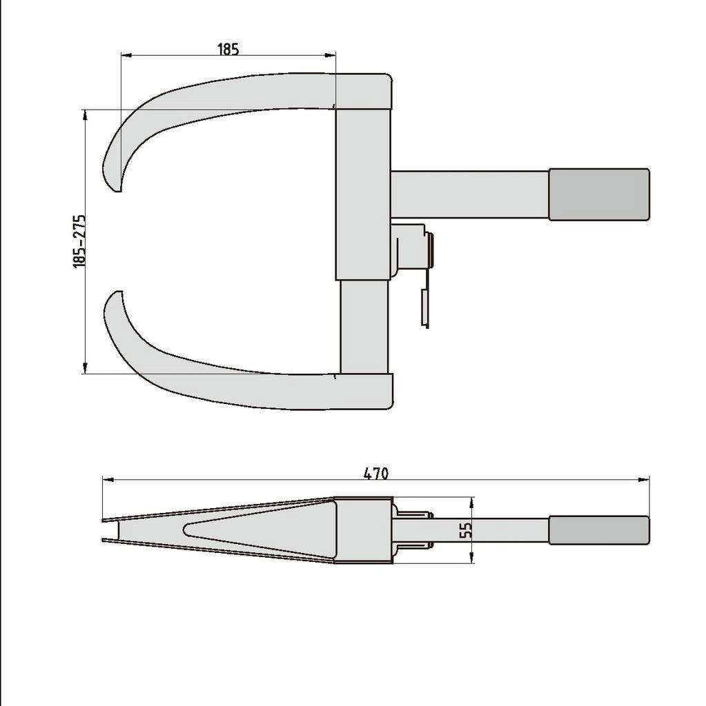 Technický výkres úchopového ramene s rozměry: délka 185 mm, šířka 155-275 mm, celková délka 470 mm.