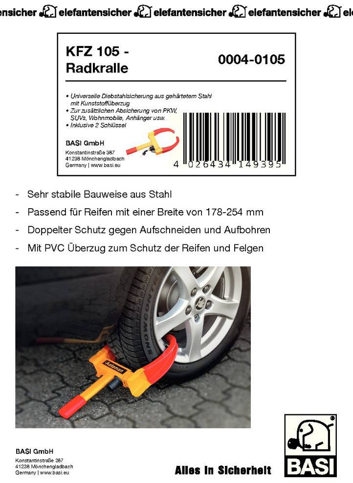 'KFZ 105 - Radkranze': Ocelová objímka kola s PVC povrchem, vhodná pro šířku pneumatiky 178-254 mm. Ochrana proti krádeži pomocí řezání/vrtání.