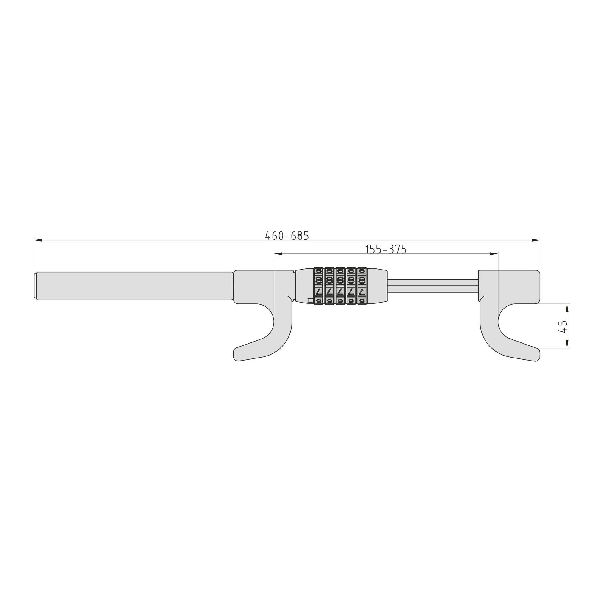 Nákres nastavitelného kombinačního zámku s rozměry: délka 460-685 mm, šířka 155-375 mm, výška 45 mm.