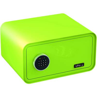 Světle zelený trezor s elektronickým číselným zámkem, obdélníkový tvar.