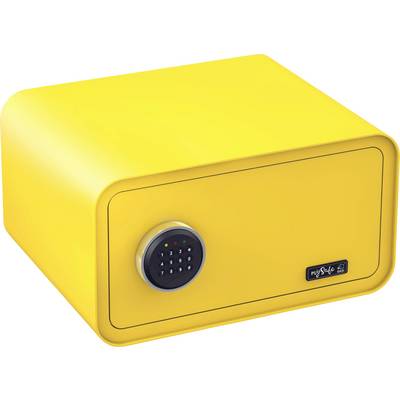 Žlutý trezor s elektronickým číselným zámkem na přední straně, kompaktní a pravoúhlého tvaru.