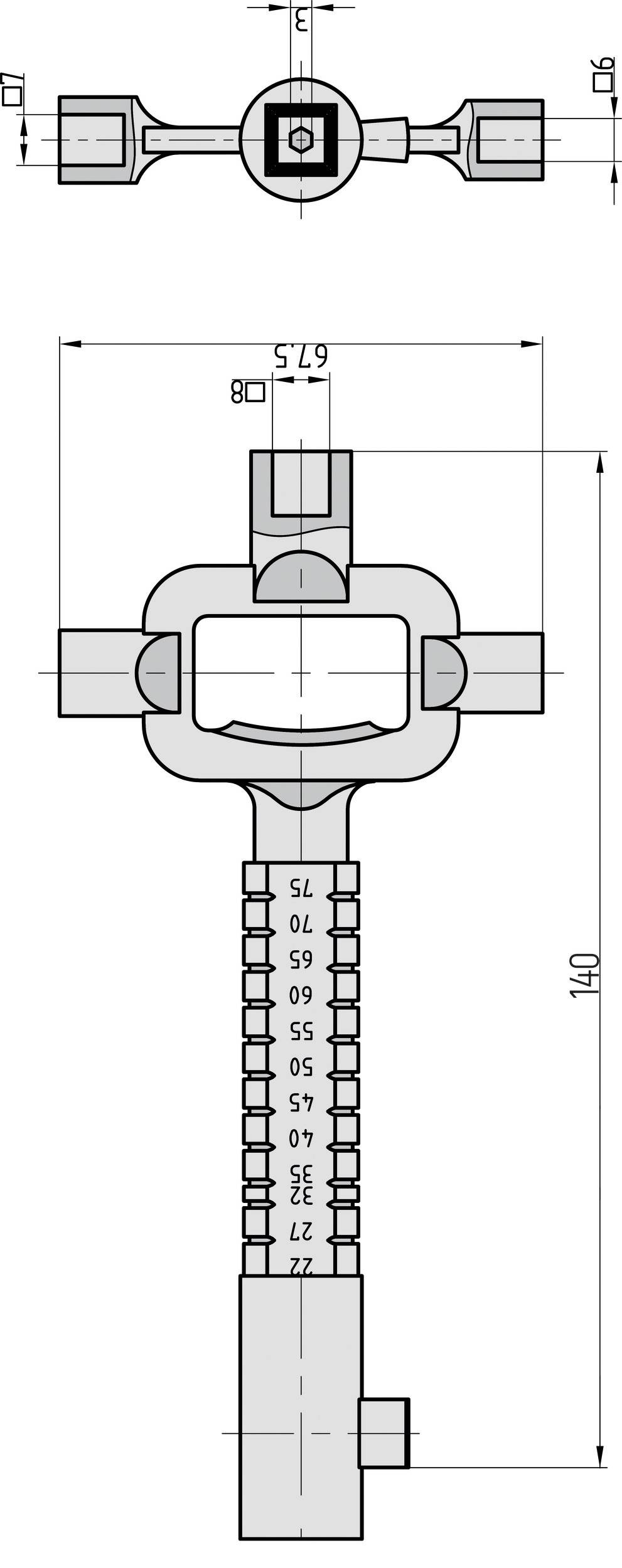 Technický výkres Y-tvarové součásti s rozměry: celková délka 140 mm, šířka 67,5 mm, se stupnicí od 22 do 75.