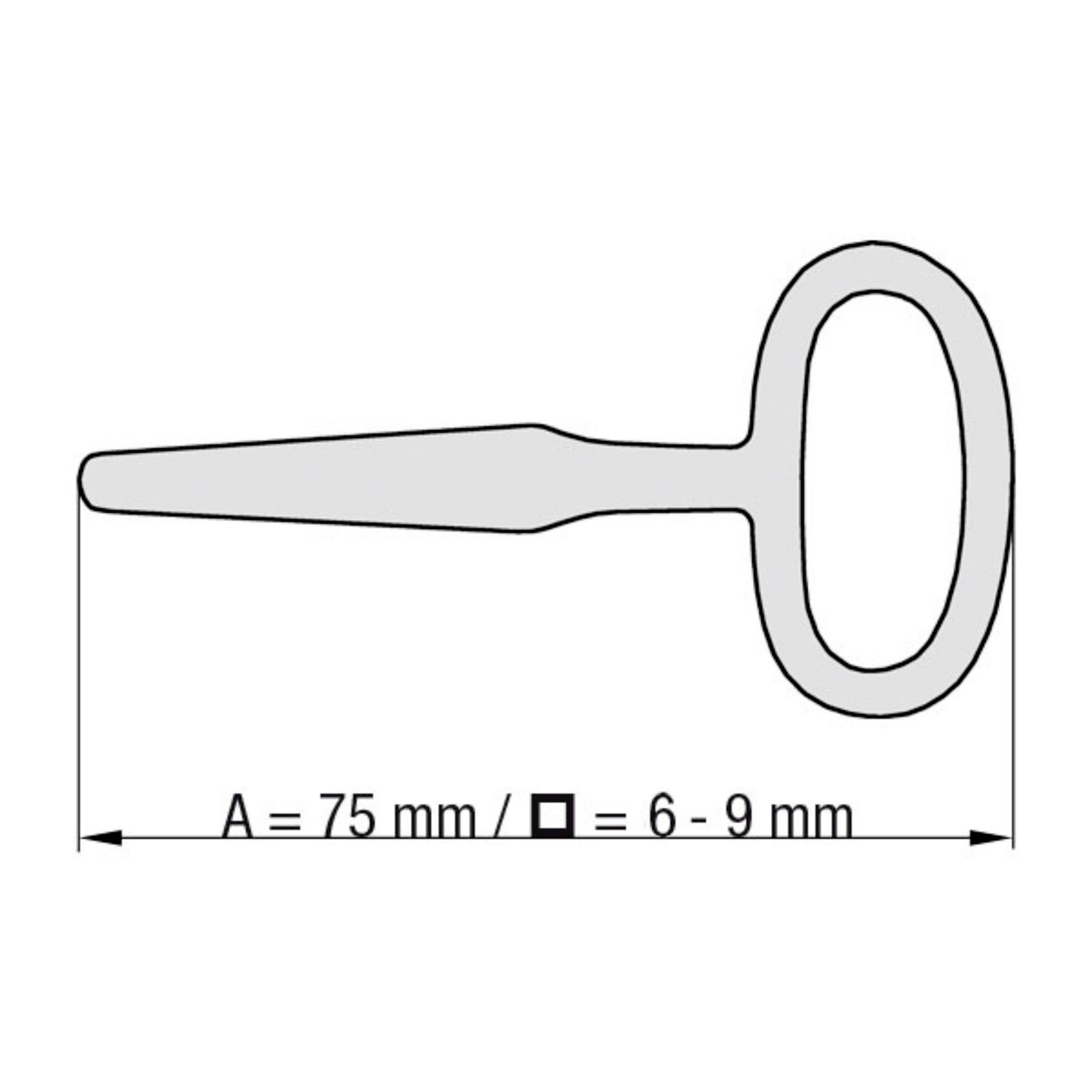 Technický výkres klíče s oválnou hlavou. Rozměry: délka 75 mm, šířka 6–9 mm.