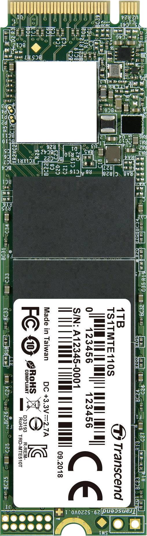 Jednotka Transcend SSD s kapacitou 1 TB zobrazující detaily desky plošných spojů a čipů včetně sériového a modelového čísla.