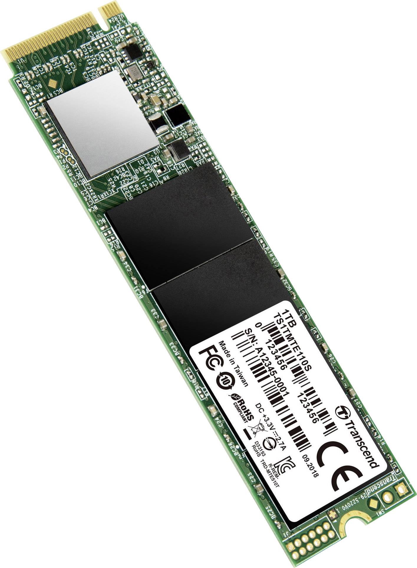 Interní M.2 NVMe SSD s zeleným designem obvodu a několika černými paměťovými čipy. Kapacita: 1 TB.
