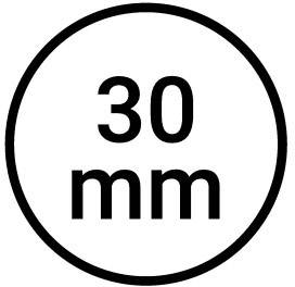 "30 mm" v kruhu symbolizuje velikost nebo průměr 30 milimetrů.