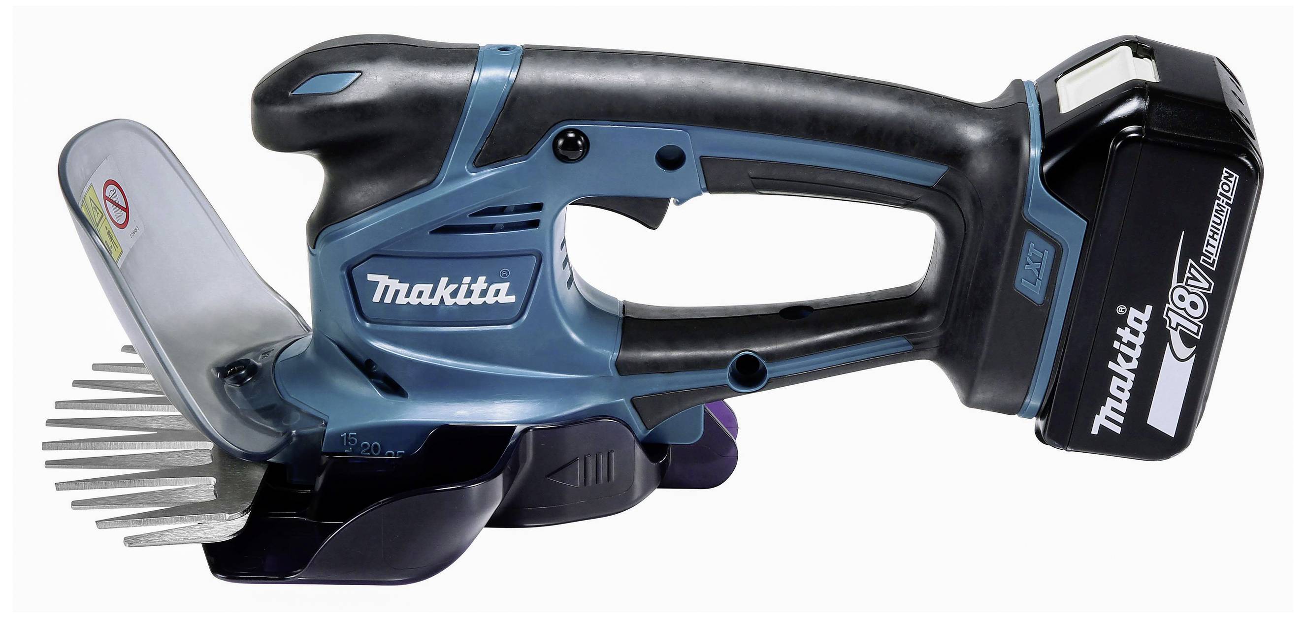 Bezdrátový travní a křovinořez Makita 18V s moderno-černým tělem, vhodný pro zahradnické práce.