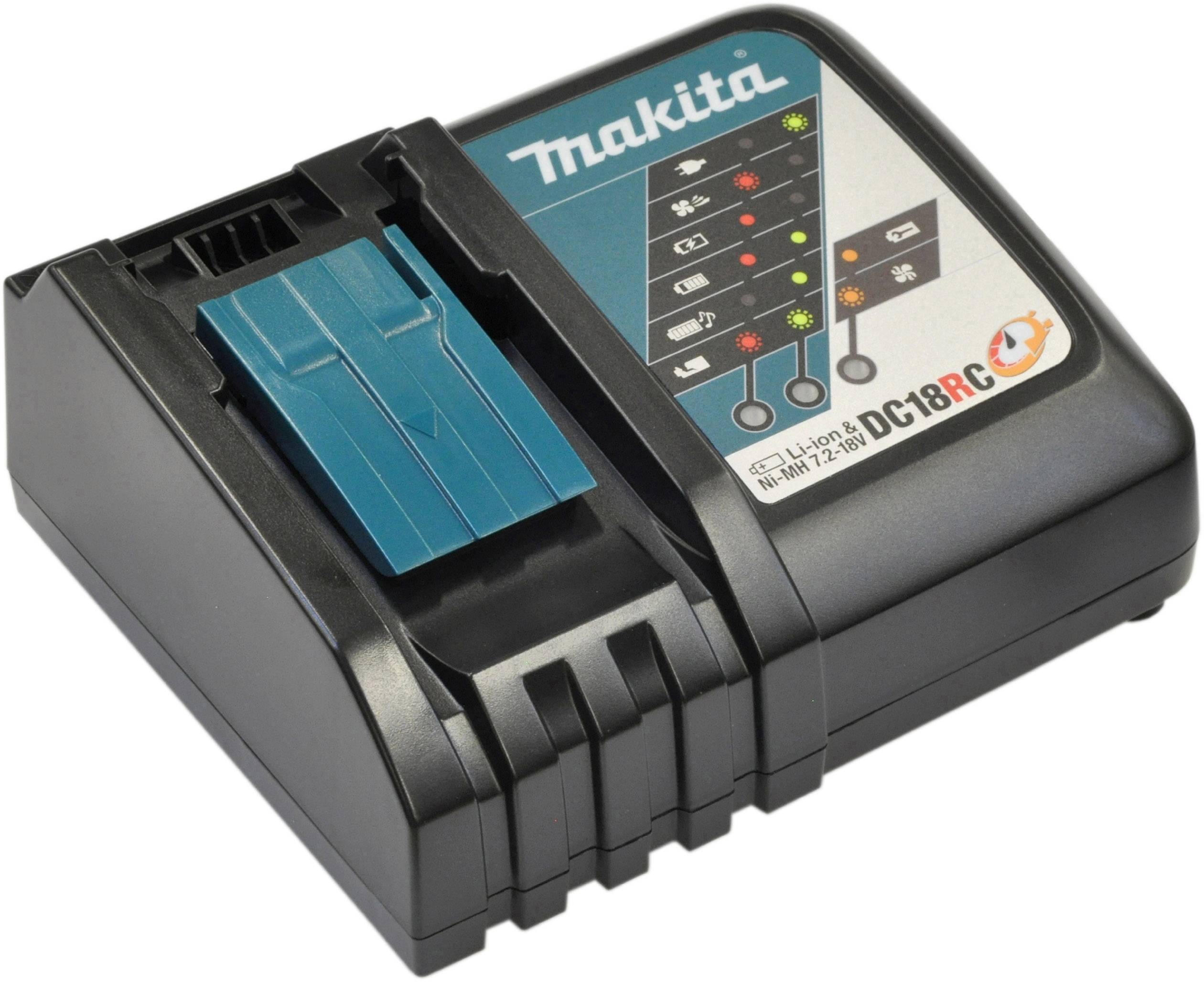 Makita akumulátorová nabíječka, model DC18RC, s LED indikátory stavu nabíjení.