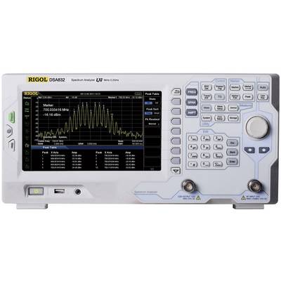 Spektrální analyzátor Rigol DSA832 zobrazuje na displeji frekvenční diagram s píkem při 700,034 MHz a -15,616 dBm.