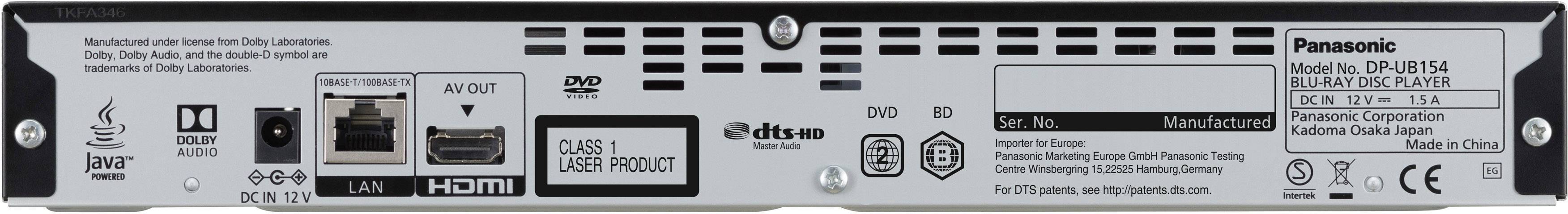 Zadní strana Panasonic Blu-ray přehrávače s konektory: HDMI, Ethernet, Audio/Video. Štítek s číslem modelu DMP-BDT385.