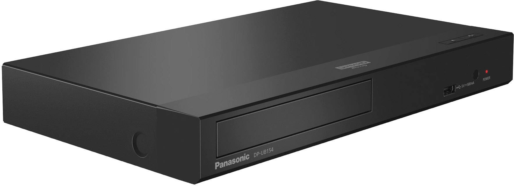 Černý Panasonic Blu-ray přehrávač s moderním designem, plochým tělem a minimalistickým ovládacím panelem.