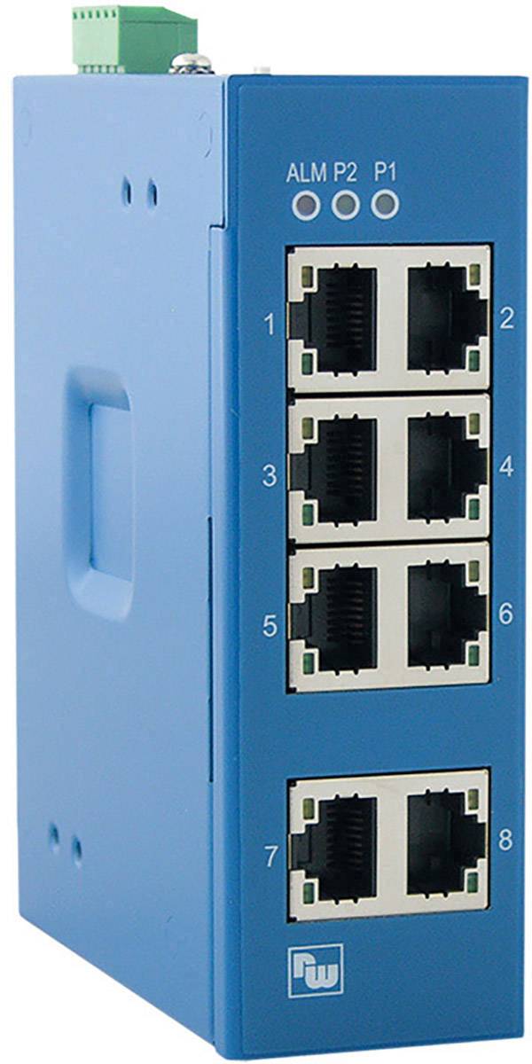 Modrý síťový switch s osmi ethernetovými porty a LED indikátory pro 'ALM', 'P2', 'P1' na přední straně.