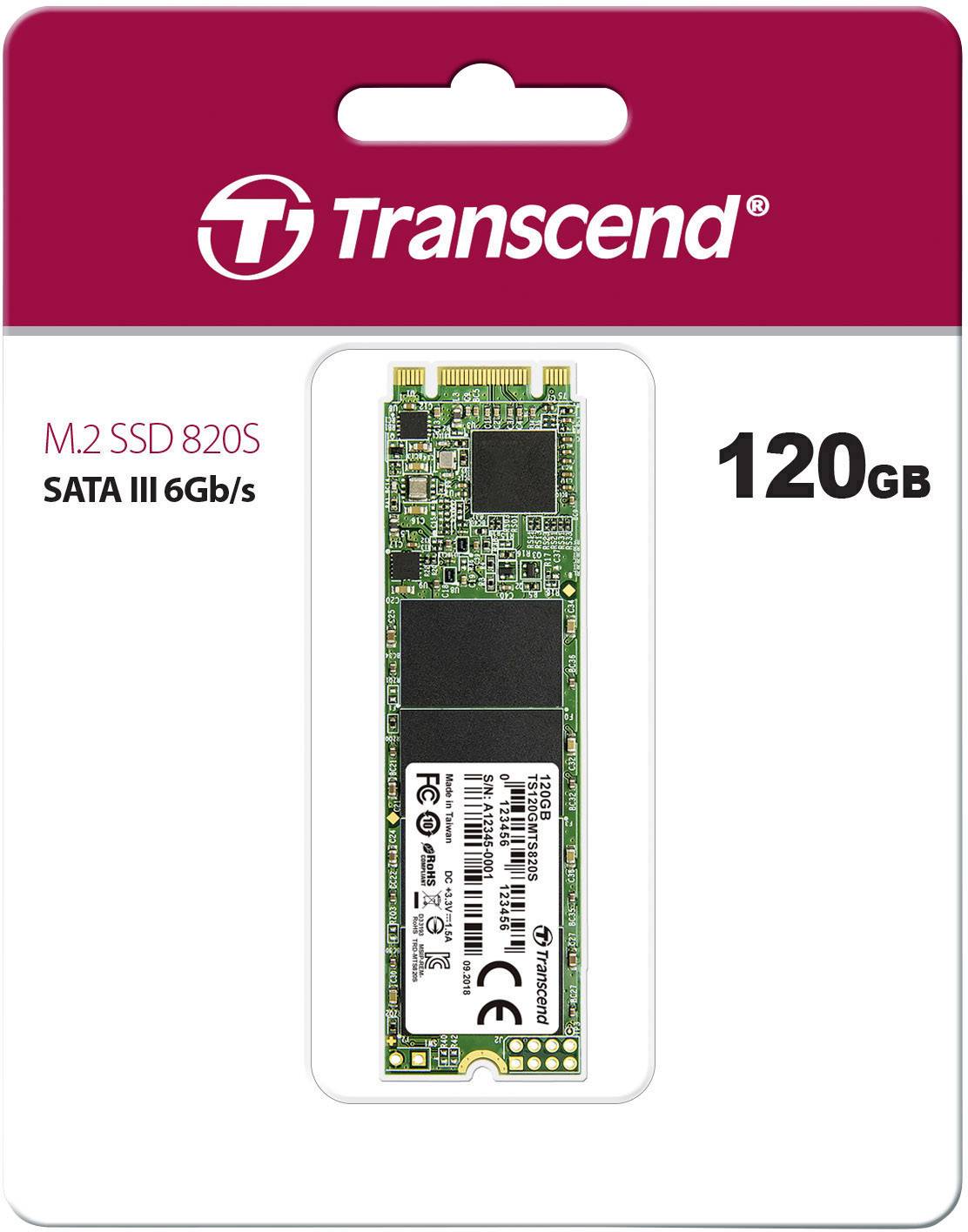 Transcend M.2 SSD 820S, 120GB, SATA III 6Gb/s v červeném obalu, paměťové úložiště viditelné.