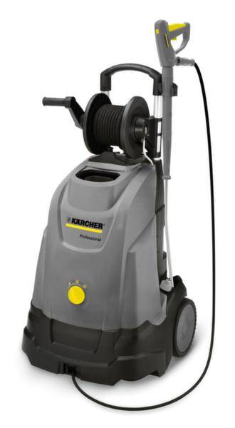 Průmyslový vysokotlaký čistič s integrovaným navijákem hadice, v šedém a černém provedení, umístěný na kolečkách pro snadnou manipulaci.