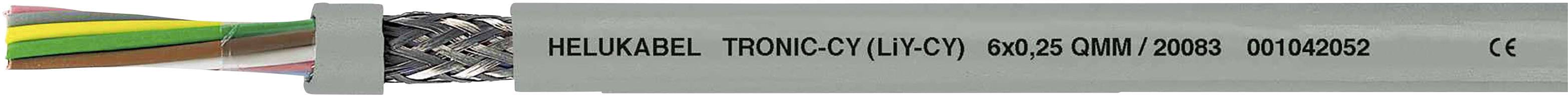 Šedý izolovaný kabel s viditelnými barevnými vodiči. Nápis: 'HELUKABEL TRONIC-CY (LiYCY) 003435 08MM 7x0,25'.