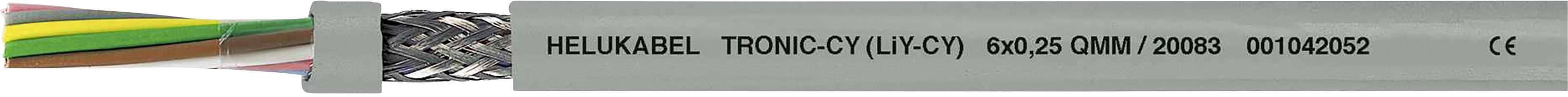 Kabel s nápisem 'HELU KABEL TRONIC-CY (LiY-CY) 00483 01A00 AWG28 11/0448 28 CE' ukazuje barevné vodiče a kovový stínící plášť.