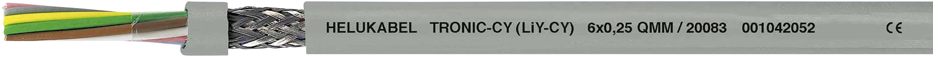 Šedý kabel s nápisem 'HELU KABEL TRONIC-CY (LIYCY)'. Na jednom konci viditelné drátěné vodiče. Je opatřen značkou CE.