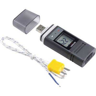 USB teplotní datalogger s ochranným krytem a připojením pro termočlánek, zobrazuje '22,2' na displeji.
