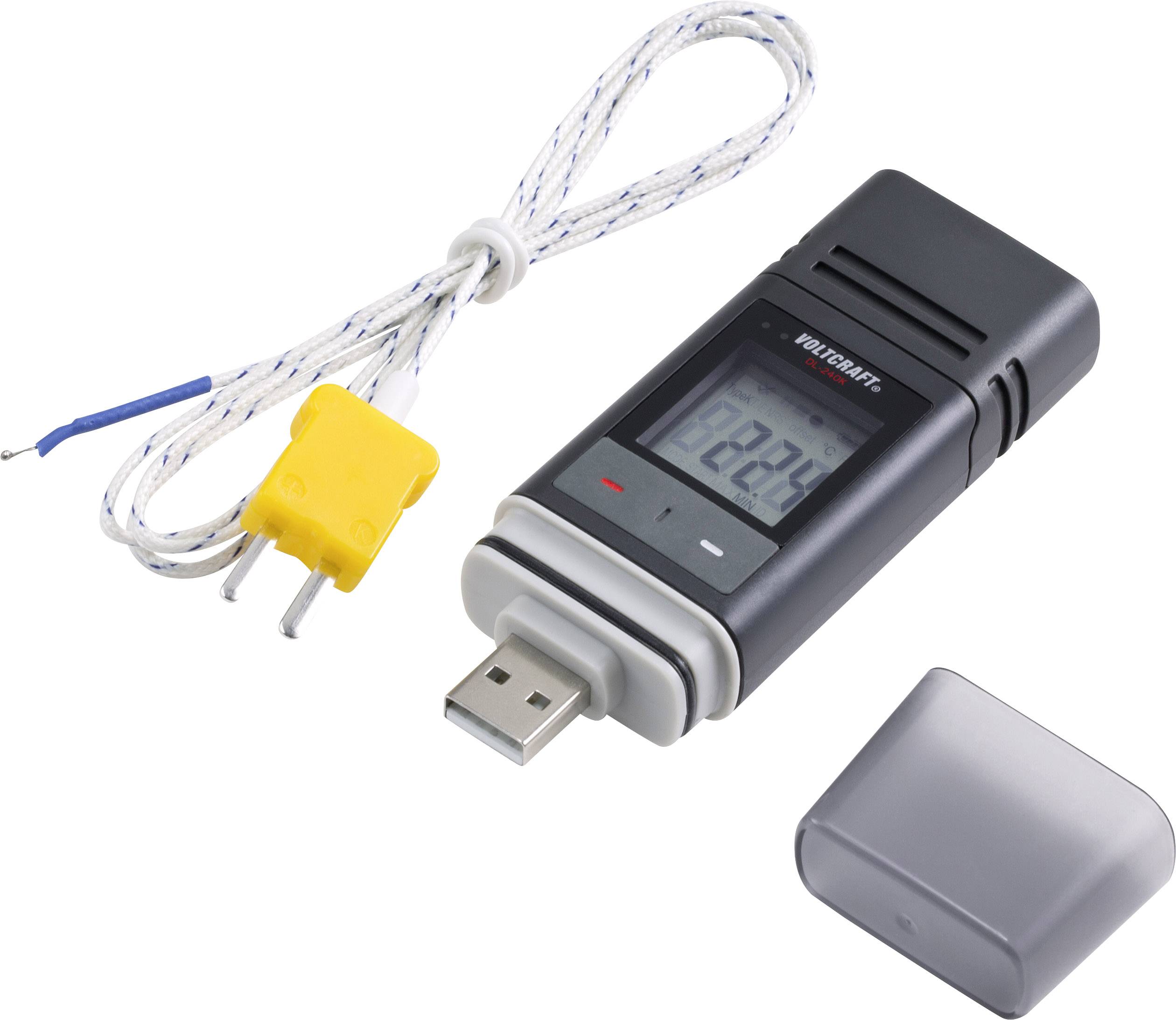 USB teplotní datalogger s displejem zobrazuje „30,2 °C". Je připojen žlutý senzor. Kryt leží vedle.