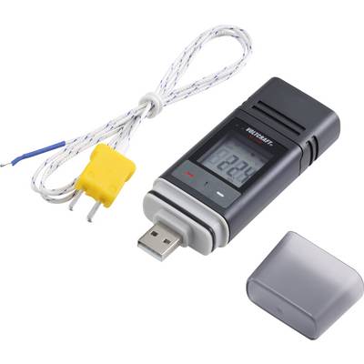 USB teplotní datalogger s displejem zobrazuje „30,2 °C". Je připojen žlutý senzor. Kryt leží vedle.