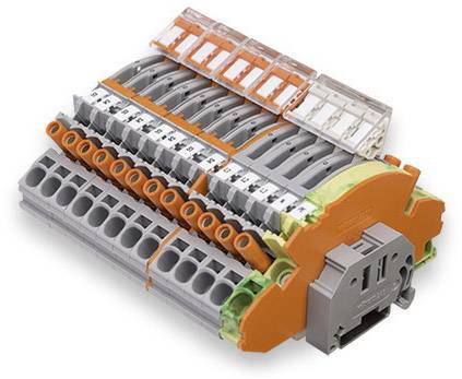 Elektrický konektor s více kabelovými vstupy, oranžové a šedé barvy. Pro průmyslové elektrické zapojení.