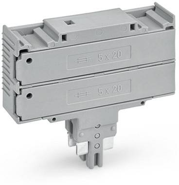 Šedé elektrické pojistkové držáky s nápisem '5 x 20'. Dva moduly umístěné nad sebou, vhodné pro montáž na lištu.