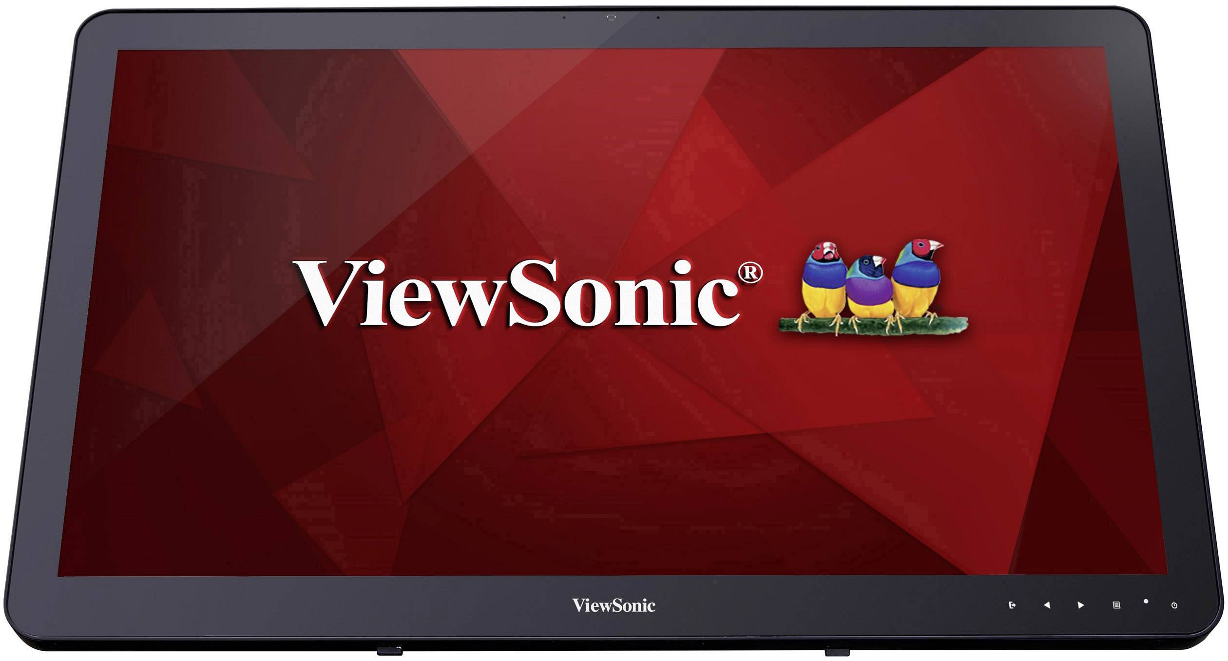 Monitor se znakem 'ViewSonic' a třemi barevnými ptáky na červeném pozadí.
