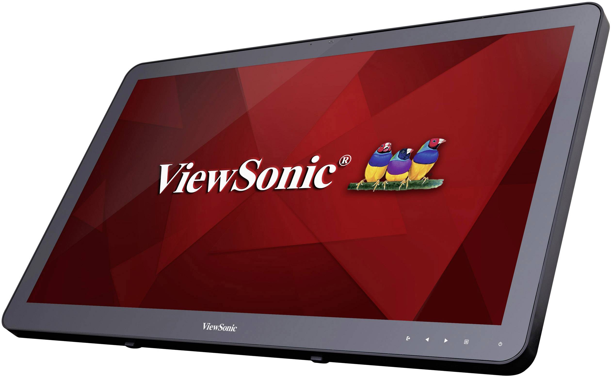 Obrazovka zobrazuje logo 'ViewSonic' na červeném pozadí. Vedle textu jsou viditelní tři stylizovaní barevní ptáci.